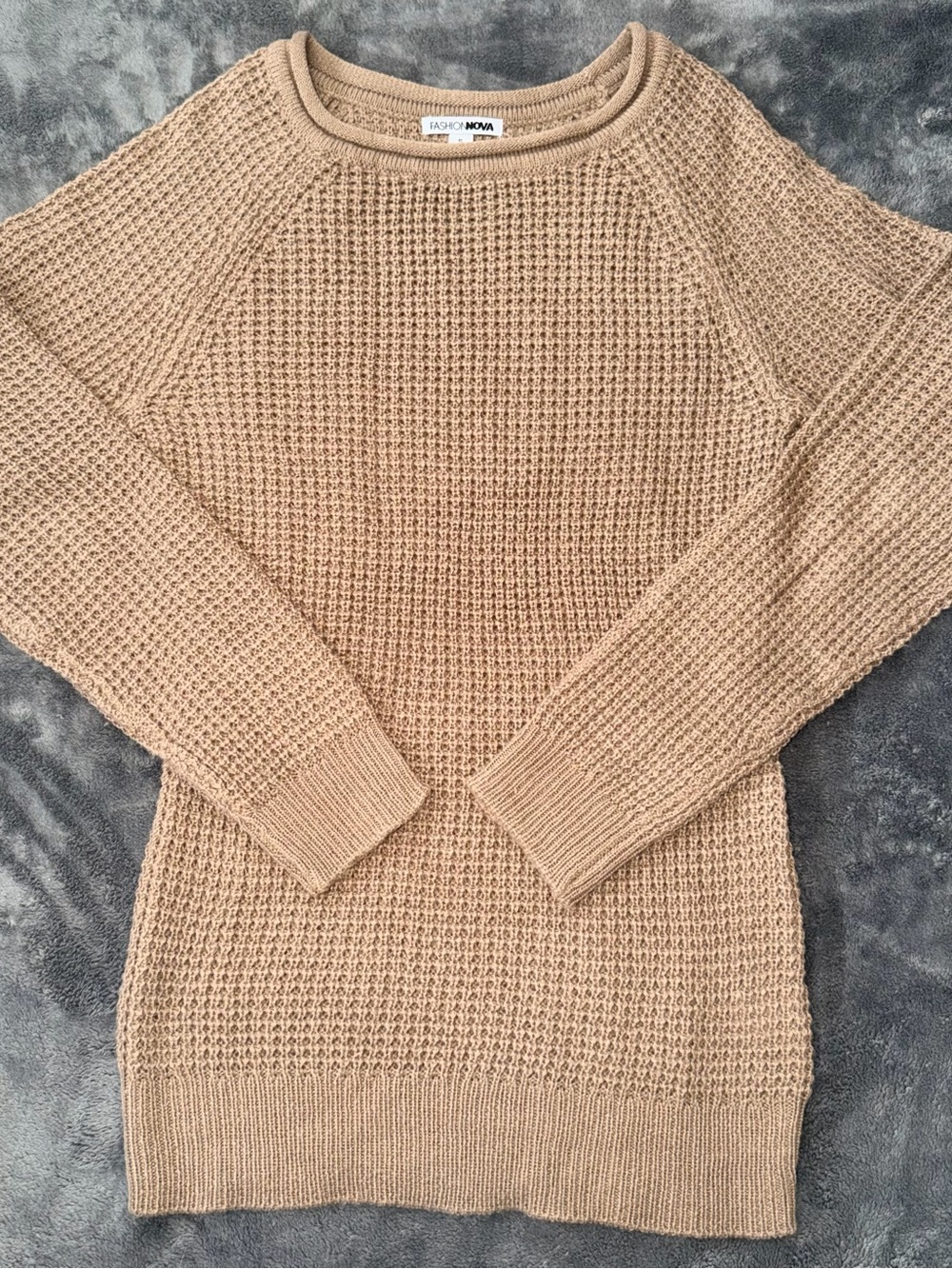 Fashion Nova Beige Waffle Knit Crew Sweater